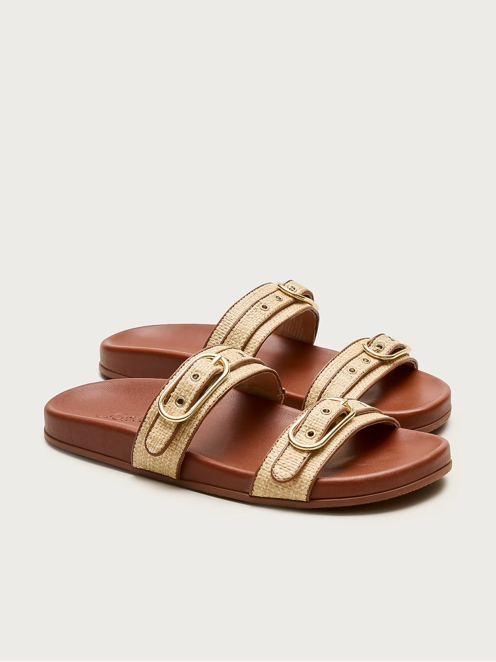 J. Crew Brown Leather Slide Sandals with Beige Woven Straps - Picture 1 of 3